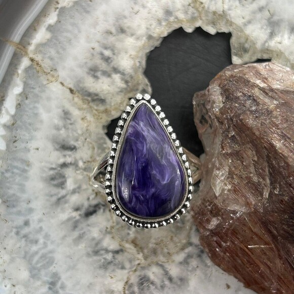 Sterling Silver Southwestern Style Teardrop Charoite Ring Size 8.5 For Women - Picture 5 of 10